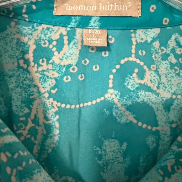 Woman Within Teal w Terracotta Swirl‎ Pattern Button Up Shirt Women's L 18/20 - Picture 3 of 6